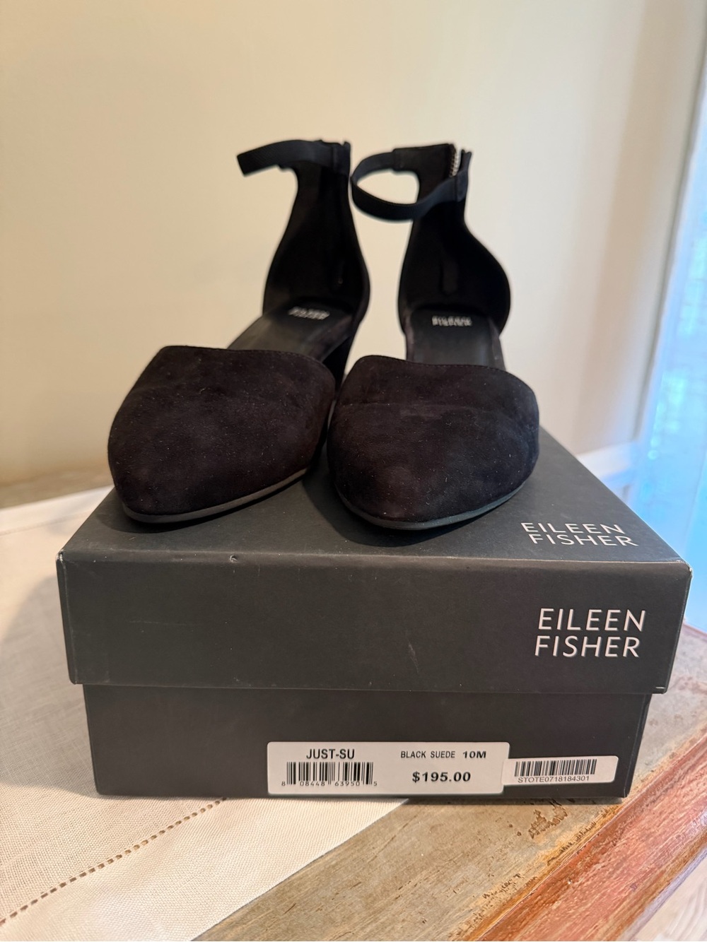 Eileen Fisher Black Suede Pointed-Toe Ankle-Strap Pumps
